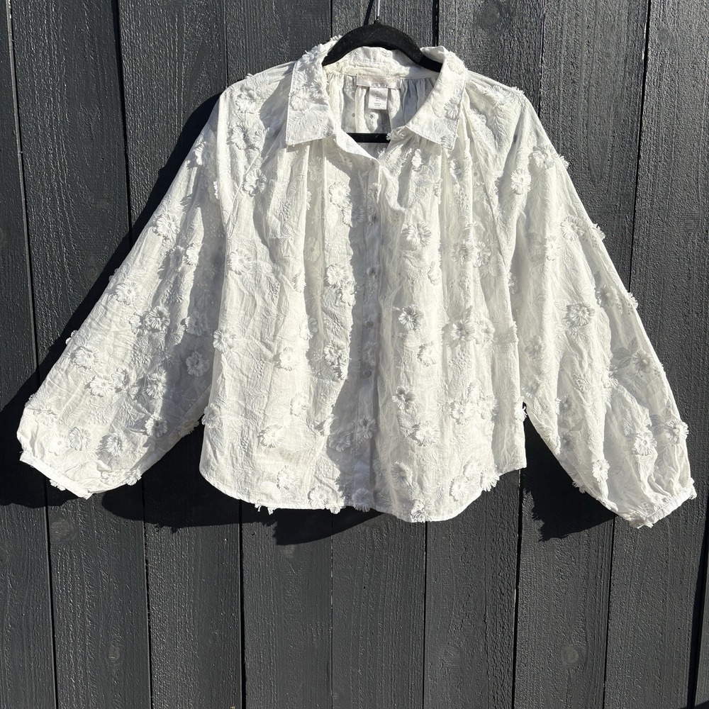 Caroline Constas Cottage 3D Floral Embroidered Top Large Romantic Statement Luxe